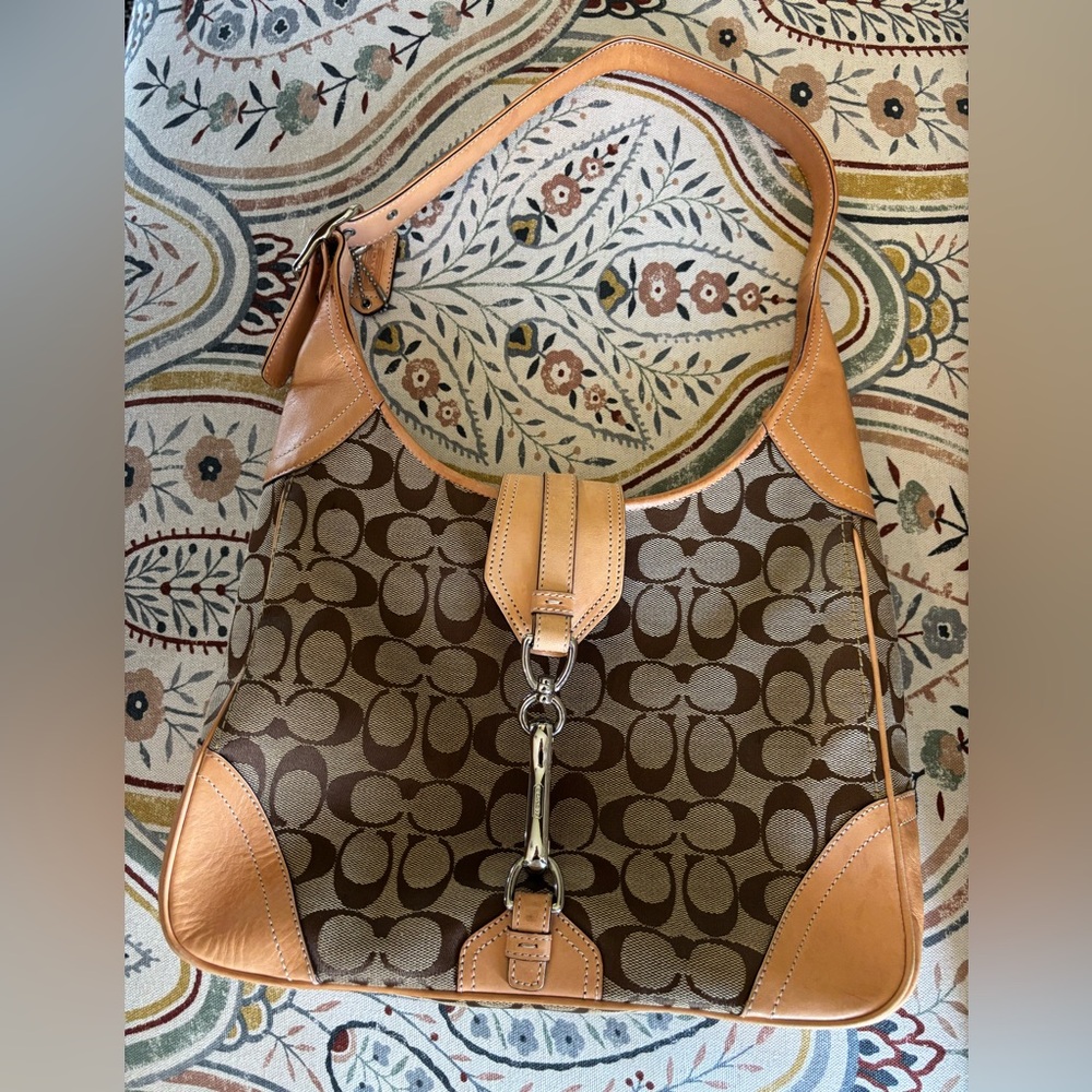 Coach Brown and Tan Signature Canvas and Leather Shoulder Bag